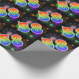 Farbenfrohes Feuerwerk + Regenbogenmuster "58" Ere Geschenkpapier