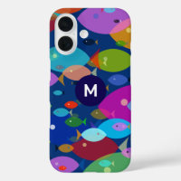 Farbenfrohes Fisch-Abstraktmuster Blaues Monogramm