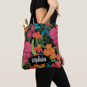 Farbenfrohes florales schwarzes Monogramm Name Tasche