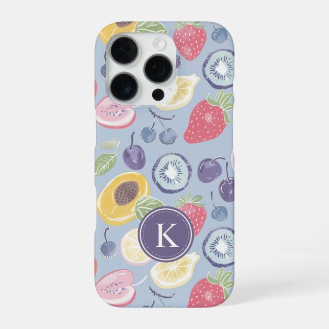 Farbenfrohes Früchte-Monogramm-Frühlingsmuster iPhone 16 Pro Hülle (Rückseite)