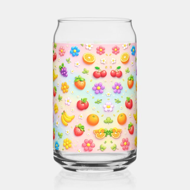Farbenfrohes Fruchtmuster mit Blumen und Früchten Dosenglas (Rückseite)