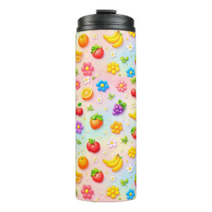 Farbenfrohes Fruchtmuster mit Blumen und Früchten Thermosbecher