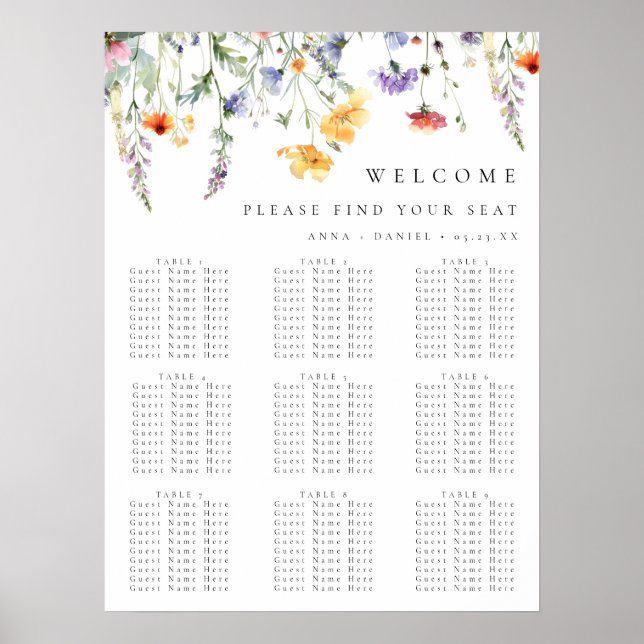 Farbenfrohes Frühlings-Blumen-Hochzeitssitzplan Poster (Vorne)