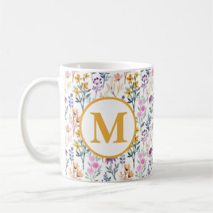 Farbenfrohes Frühlingsblumen-Aquarellmuster-Monogr Kaffeetasse