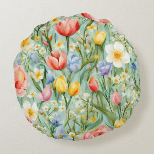 Farbenfrohes Frühlingsblumenfeld. Malerei Rundes Kissen