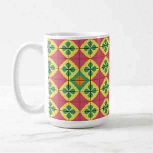 Farbenfrohes geometrisches Muster mit symmetrische Kaffeetasse