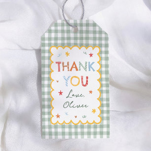Farbenfrohes Gingham-Muster 1. Geburtstags-Dankesc Geschenkanhänger