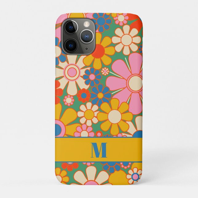 Farbenfrohes Groovy Retro-Blumenmuster mit Initial Case-Mate iPhone Hülle (Rückseite)