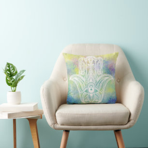 Farbenfrohes Hamsa-Symbol im Aquarellstil Kissen