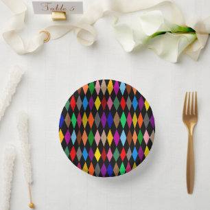 Farbenfrohes Harlequin-Diamanten-Design Schwarz Pappteller