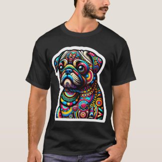Farbenfrohes Hundemosaik: Intrigenes Mopsporträt i T-Shirt