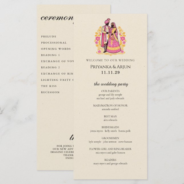 Farbenfrohes indisches Hochzeitsprogramm für ein P (Vorne/Hinten)