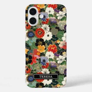 Farbenfrohes japanisches Blumenmuster mit Monogram iPhone 16 Plus Hülle