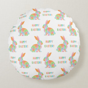 Farbenfrohes Kaninchenmuster mit Happy Easter Text Rundes Kissen