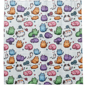Farbenfrohes Kawaii Dicke Katzen Muster auf karier Duschvorhang