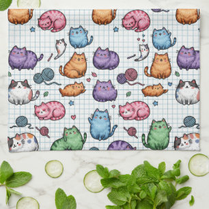 Farbenfrohes Kawaii Dicke Katzen Muster auf karier Geschirrtuch