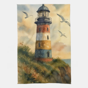 Farbenfrohes Küchenhandtuch mit Leuchtturm am Meer Geschirrtuch