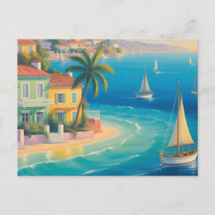 Farbenfrohes mediterranes Dorf am tropischen Stran Postkarte