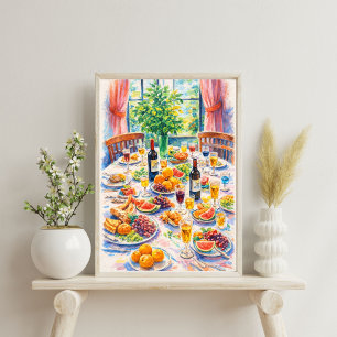 Farbenfrohes mediterranes Stillleben mit Wein Poster