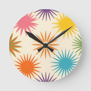 Farbenfrohes Mid-Century-Sternenmuster Runde Wanduhr