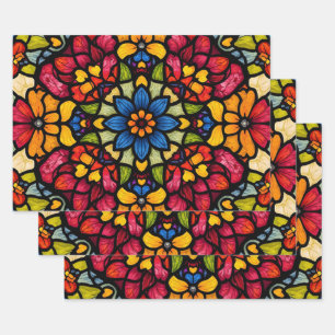 Farbenfrohes Mosaik-Blumenmuster abstrakt Geschenkpapier Set