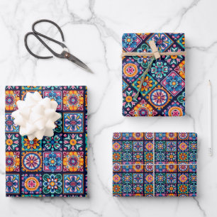 Farbenfrohes Mosaikfliesen-Design mit Blumen 5 Geschenkpapier Set