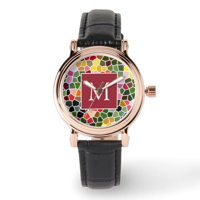 Farbenfrohes Mosaikmuster-Monogramm Armbanduhr (Vorderseite)