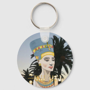 Farbenfrohes Nefertiti-Porträt und Palmen Schlüsselanhänger