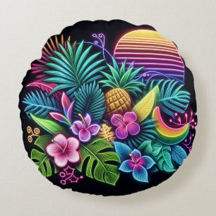 Farbenfrohes neon-tropisch/hawaiianisch rundes kissen