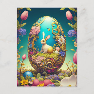 Farbenfrohes Osterei, Hase und Frühlingsblumen Postkarte
