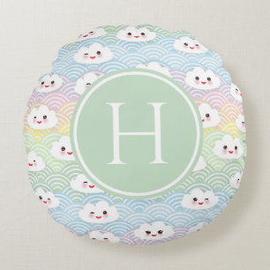 Farbenfrohes Pastell-Kawaii-Wolkenmuster-Monogramm Rundes Kissen