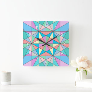 Farbenfrohes Pastell-Mosaik-Dreieck-Stern-Muster Quadratische Wanduhr