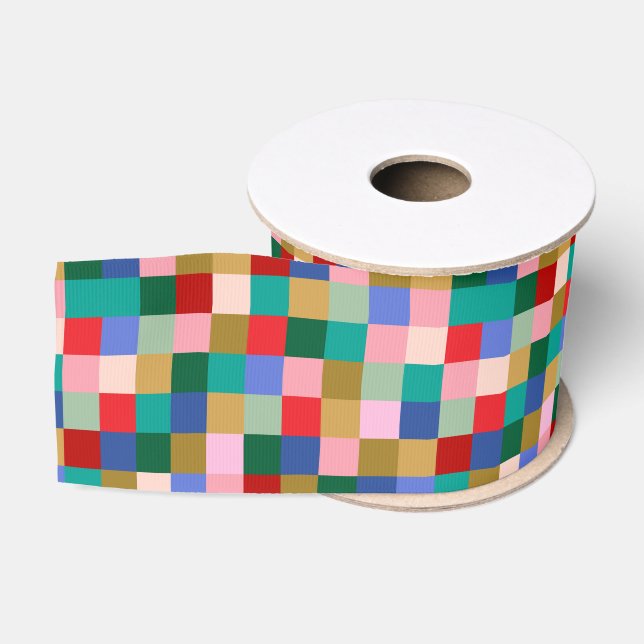 Farbenfrohes Patchwork-Karo Modernes Fest Ripsband (Spule)