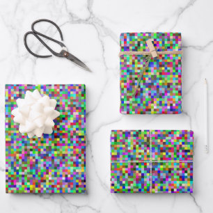Farbenfrohes Pixelquadrat-Hintergrundmuster Geschenkpapier Set