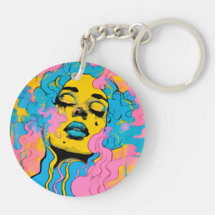 Farbenfrohes psychedelisches Frauenporträt Pop Art Schlüsselanhänger