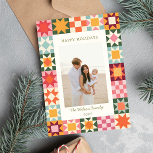 Farbenfrohes Quilt-Muster Familien-Feiertagsfoto Feiertagskarte