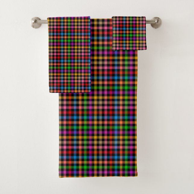 Farbenfrohes Regenbogen-Gingham-Karo-Design - Schw Badhandtuch Set (Insitu)