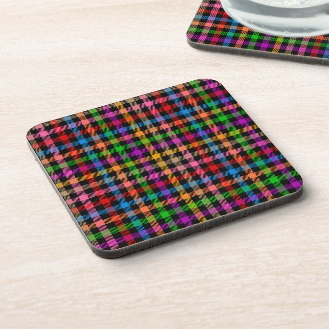 Farbenfrohes Regenbogen-Gingham-Karo-Design - Schw Getränkeuntersetzer (Linke Seite)