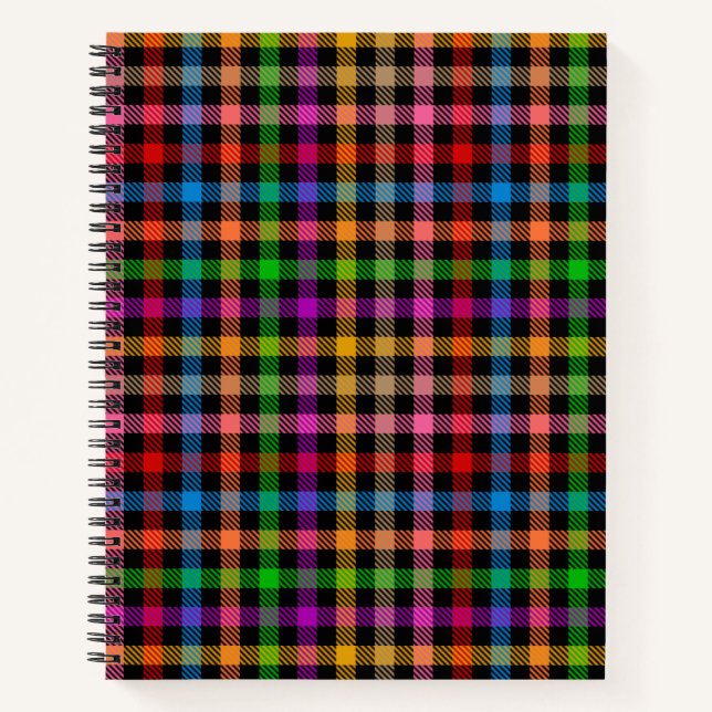 Farbenfrohes Regenbogen-Gingham-Karo-Design - Schw Notizbuch (Vorderseite)