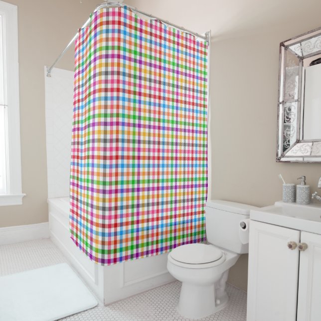 Farbenfrohes Regenbogen-Gingham-Karo-Design - Weiß Duschvorhang (Beispiel)