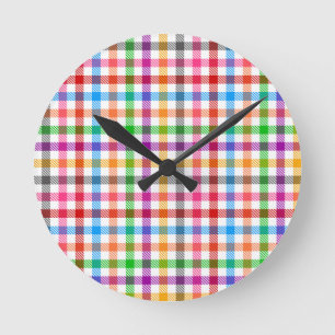 Farbenfrohes Regenbogen-Gingham-Karo-Design - Weiß Runde Wanduhr