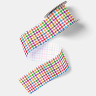 Farbenfrohes Regenbogen-Gingham-Karo-Design - Weiß Satinband