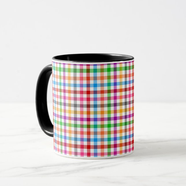 Farbenfrohes Regenbogen-Gingham-Karo-Design - Weiß Tasse (Vorderseite Links)