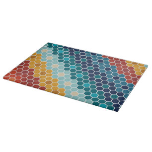 Farbenfrohes Retro-Blumen-Mosaik-Sechseck-Muster Schneidebrett