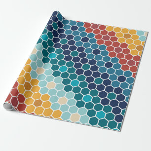 Farbenfrohes Retro-Blumenmosaik-Sechseckmuster Geschenkpapier