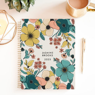 Farbenfrohes Retro-Blumenmuster mit individuellem Planer