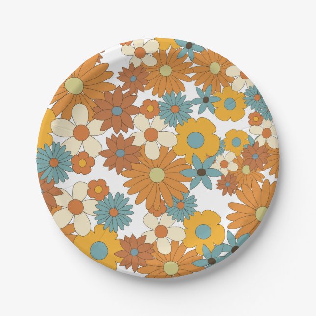 Farbenfrohes Retro-Blumenmuster  Pappteller (Vorderseite)