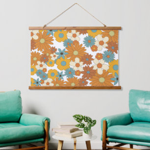 Farbenfrohes Retro-Blumenmuster Wandteppich Mit Holzrahmen