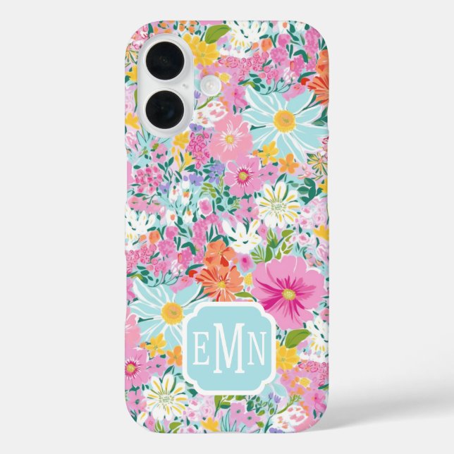 Farbenfrohes rosa Garten Monogramm iPhone 16 Hülle (Rückseite)