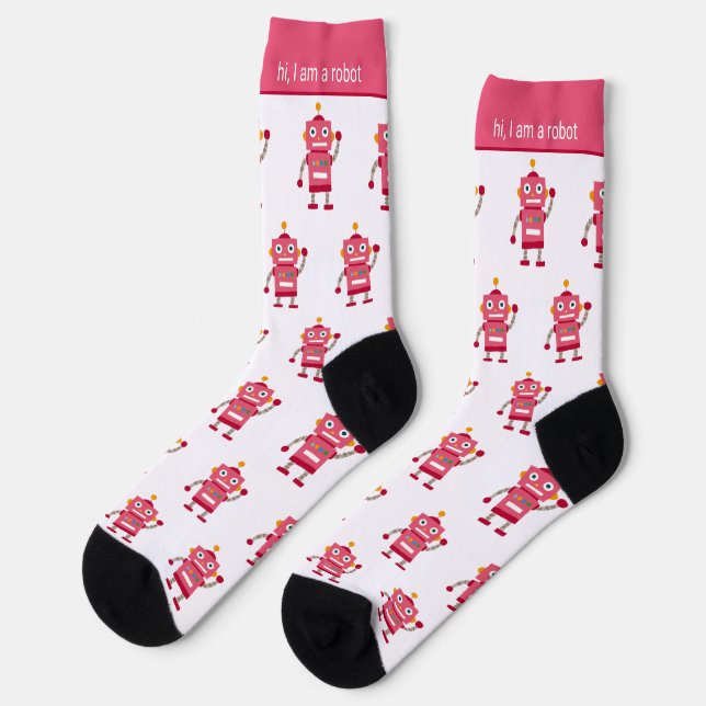 Farbenfrohes Rosa-Rotes Roboter-Muster und Text Socken (Linkes Detail)